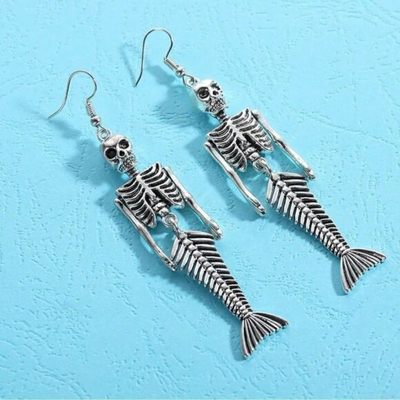 Goth Skeleton Mermaid Earrings, Dangling, Moving Joints, silver color - Picture 1 of 2